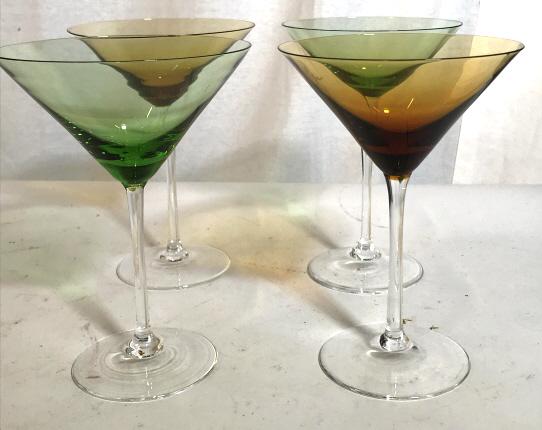 Lot 4 ART GLASS Martini Stemware: Green and Bronze Art Glass Colors. Approx 6 3/8 in. Tall. Diameters slightly vary, approx 4.5 in. wide. Color Art Glass, Barware, Color Martini Glasses, Colored Glass Stemware, Colored Cocktail Glasse