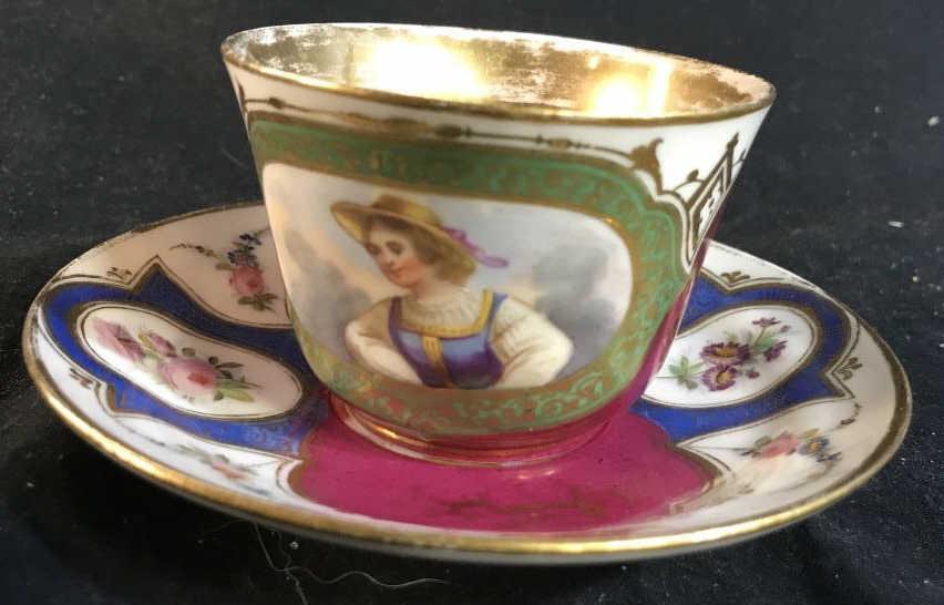 Painted Porcelain Tea Cup Saucer: Vintage possibly antique, ht app 3 inches tea cup and saucer, tableware, individual tea service