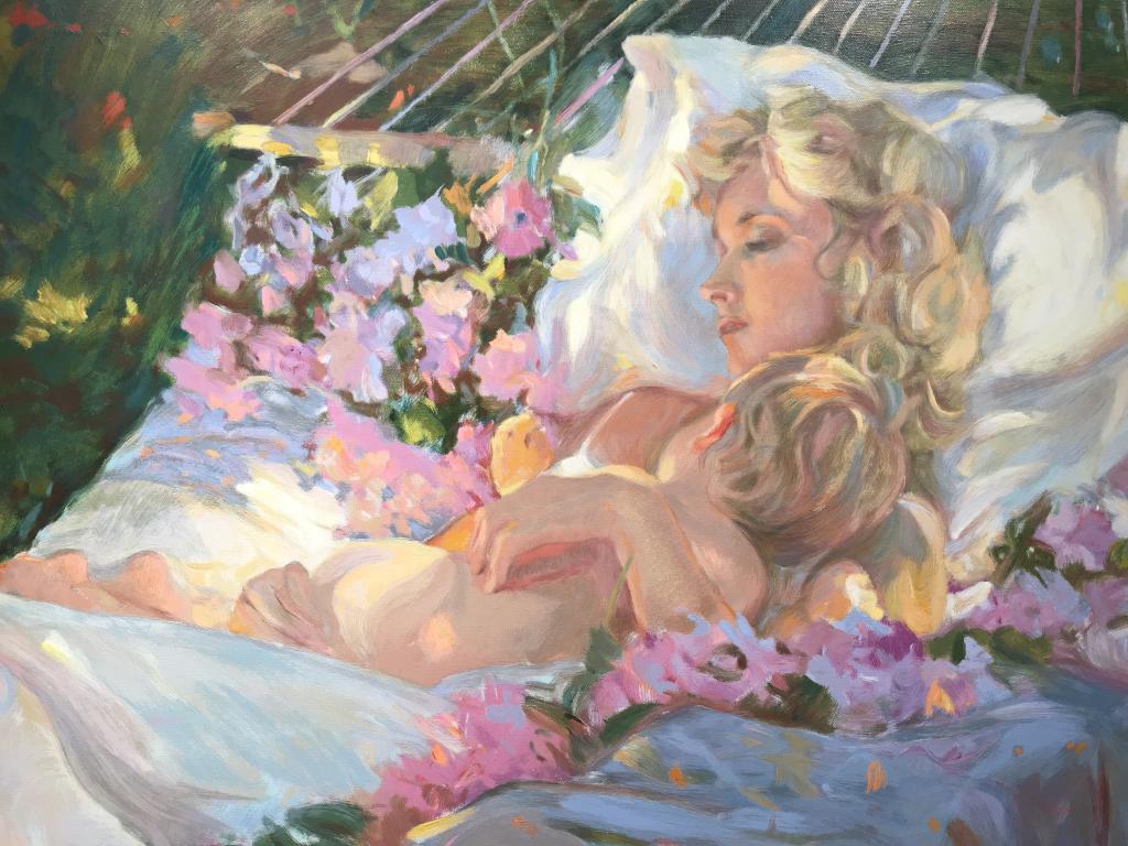 Signed & Numbered Don HATFIELD Serigraph on Canvas: Signed limited edition Don HATFIELD (American, b. 1947) serigraph on canvas titled ‘Gentle Touch.’ Artwork depicts mother and child. Signed and numbered 42 / 50 in lower right corner, attributed t