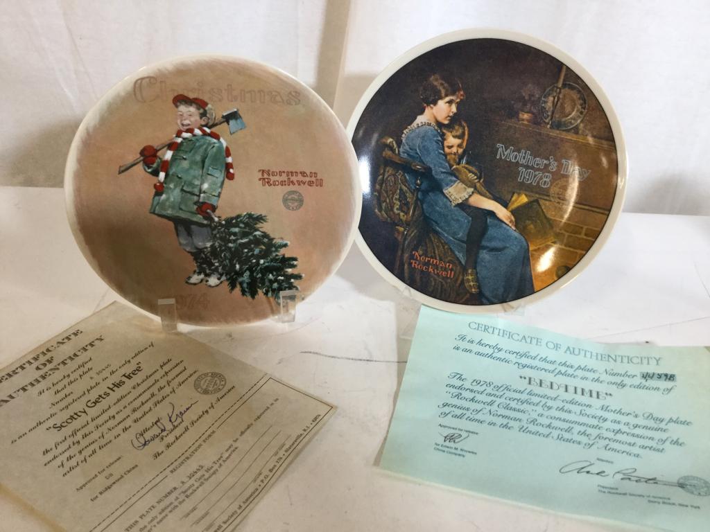Lot 6 Lmt Ed. Norman Rockwell Decor Plates: Authenticity Certificate, Limited Edition & Collectible Norman Rockwell Decor Plates. Average plate size 8 1/4 in. Includes in order L- R: Golden Christmas 1976 # 1343A, The Ship Builder# 18565L, Scot