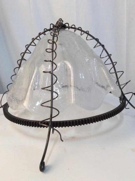 Vintage Metal and Glass Ruffled Ceiling Fixture: Ceiling fixture made with Handblown glass. Metal accent hardware, possibly handmade. Approximately 12 inches tall and 14 inches diameter. Metal has vintage wear and is tarnished. Spiral accents down t