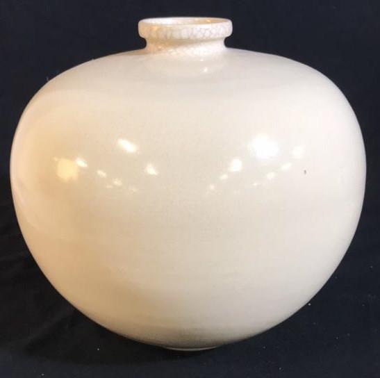 BAKER, Large Cream Toned Vase: Vessel, Table ware, decorative accessory, marked underside for Baker, marked underside made in Thailand, Measures ht app 12 inches diameter app 13 inches, good condition