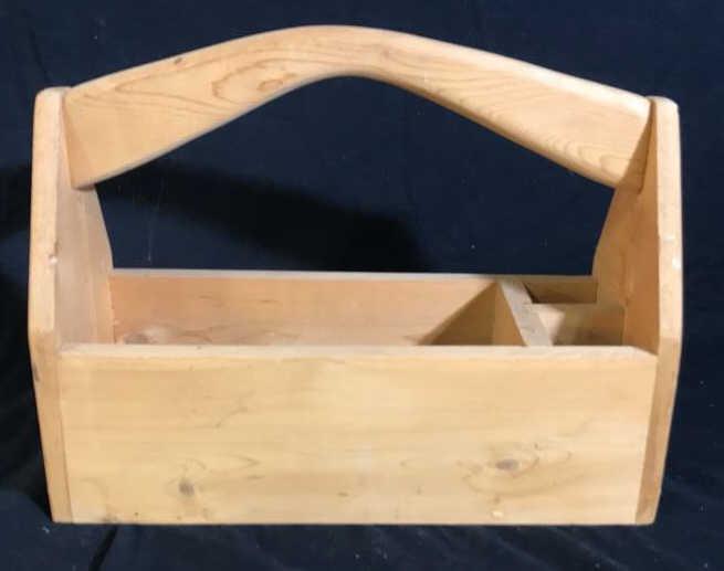 Hand Crafted Wood Handled Tool Box: Garden accessory carry all, Tool carry, wood compartmented storage box, measures ht 15 inches length app 18 inches depth app 7 inches