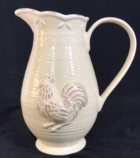 Lenox Ceramic Rooster Pitcher Vessel: Cream toned glazed ceramic, Rooster Relief, vase, Pitcher, Jug, tableware, Measures ht app 10.5 inches, with to handle app 9.5 inches, marked underside Provençal Garden, lenox