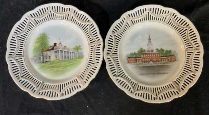 Pair Historic Building Porcelain Plates: shelf piece, decorative arts and accessories Collectors plates, porcelain plates, each marked underside RW Bavaria, one of Washington’s Home mt Vernon VA, second marked independence hall, Philadelph