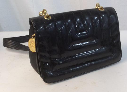 Vntg JAY HERBERT BY SHARIF Black Crossbody Purse: Vintage Jay Herbert Crossbody bag. Inner lining reads JAY HERBERT. JH Metallic Charm On Side Of bag. vintage wear. Crossbody Strap is gold toned metal and possibly leather. Bag measures approximately 