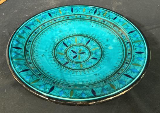 Moroccan Glazed Ceramic Center Bowl: Centerpiece bowl, Moroccan arts and crafts, decorative tableware, label for Morocco, measures diameter app 13.5 inches, ht 2.5 inches, deep teal toned glazing