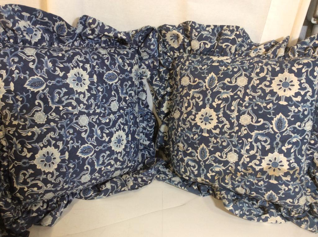 Set 6 Blue & White Floral Ruffle Decor Pillows,: Vintage Fabric throw pillows made of heavy cotton. 4 in. Ruffled border. Pillow forms are sewn in. Measure 22 x 22 in. Marks, dirt and tears on some pillows. Throw pillows, Country Decor, Sofa Accesso