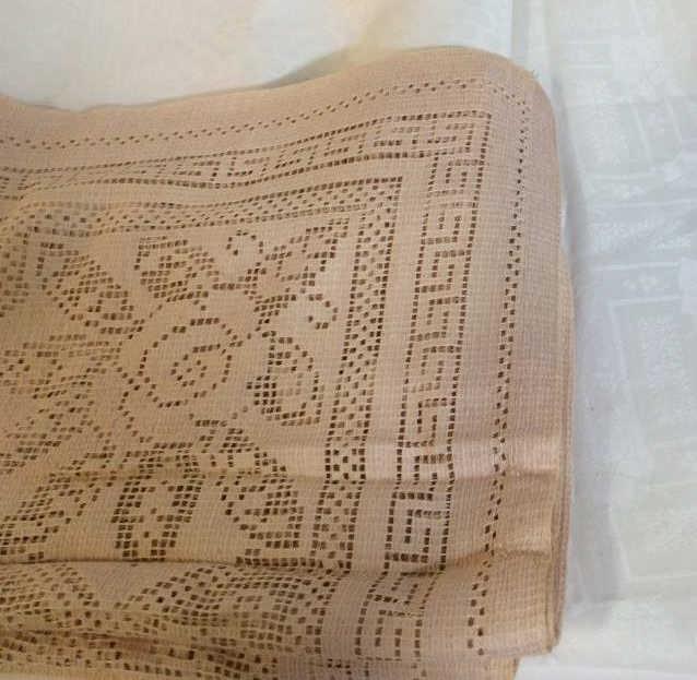 Lot 3 Vintage Table Linens: Two white cotton / rayon Tablecloths. One pattern has leaf motif, has several punctures. Up cycle cloth for arts & Crafts projects, Sewing needs, etc. 2nd Pattern is Polk dot motif, Ecru / off white c