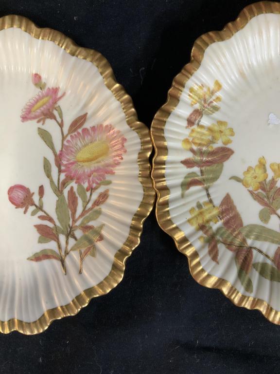 Pair Vintage Hand Painted Porcelain Plates: Trademarked underside, rimmed in hand painted gold, floral centers, each measures diameter app 9 inches, shelf piece, tableware, decorative arts decor pieces, shelf plates