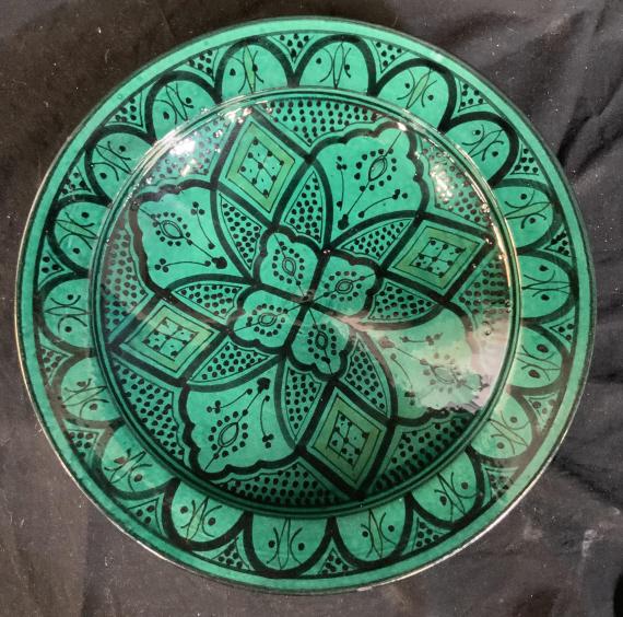 Signed Teal Glazed Ceramic Centerpiece Bowl: Tableware, arts and crafts, signed pottery, ceramics, vessel, tableware, signed illegibly underside, measures diameter app 14 inches ht app 3.5 inches
