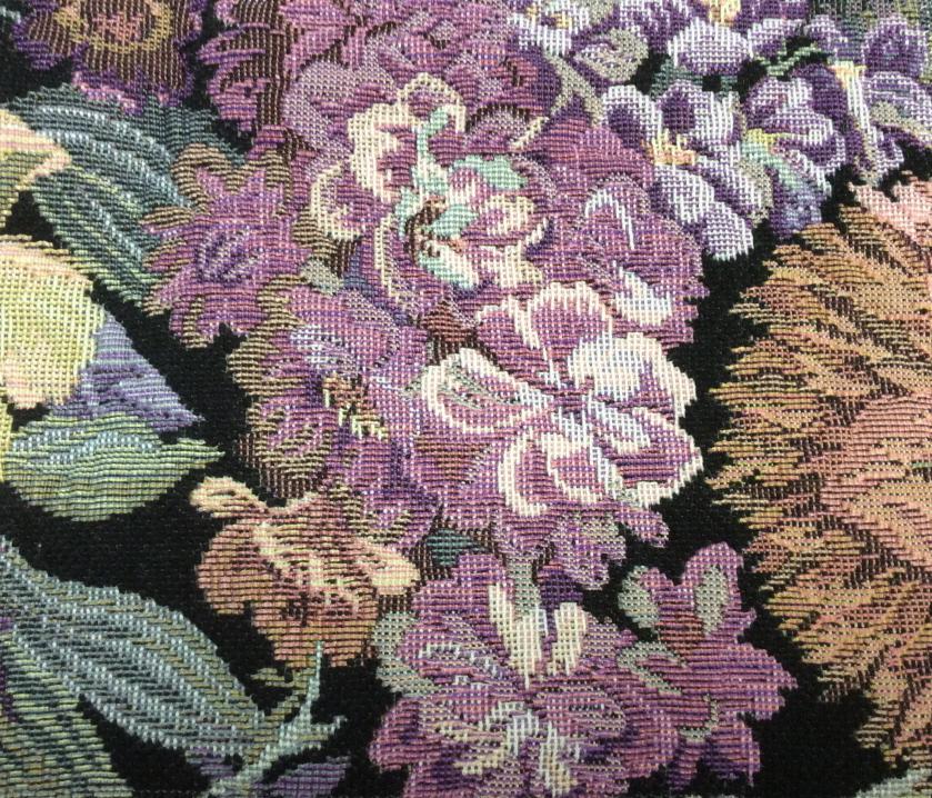 Italian Dark Floral Tapestry Sample, Textile: Pattern is Antilles, Color Wisteria. Made in Italy. Sample measures 24.5 x 25 1/4 in. Fabric, 27% acrylic & 2 % nylon, 68% Viscose, 3% Polyester. Up cycle for other projects, frame for wall decor, use