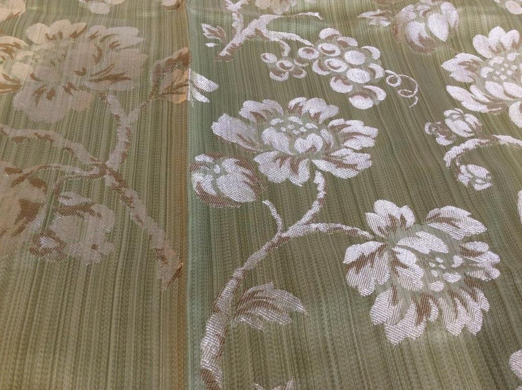 Green Brocade Floral Sampler, Fabric, Tapestry: Green brocade, Damask Fabric, 73% Cotton, 27% Rayon. Sample measures 35 x 27 in. Sample is darned. Up cycle for other projects, frame for wall decor, use as table cover, or make a pillow cover, etc. F