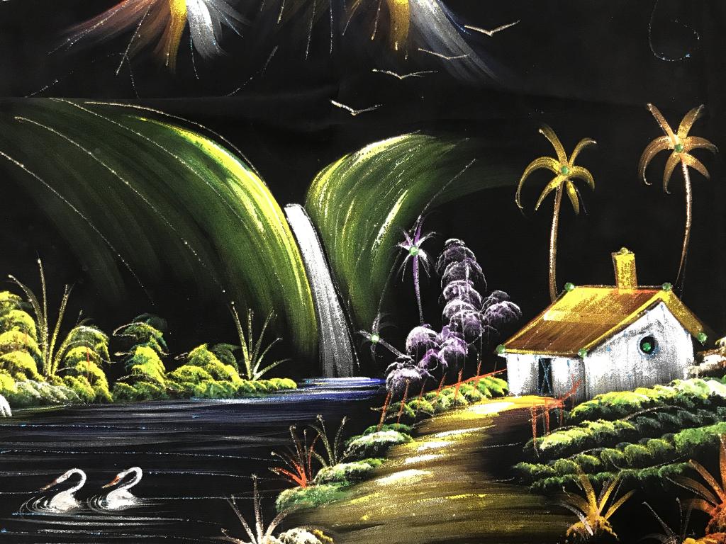 Glitter Embellished Cambodian Painting on Textile: Painting on black tone Textile from Cambodia. Painting is embellished with glitter details. Artwork is unframed. Measures approx 27 inches in height by 47.25 inches in width. Decorative wall art, Camb
