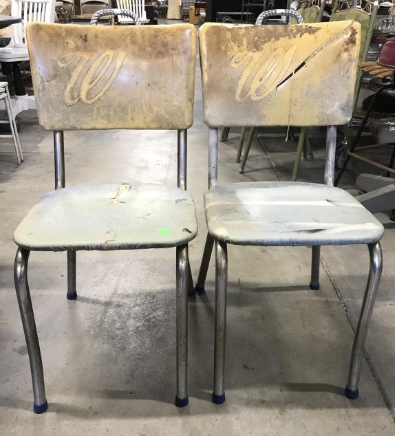 Pair Vintage Retro Dining Chairs: Lot includes 2 side chairs. Each have the letter W on backrests. Each piece has tones of light blue, & sand. Each have silver toned metal handle detail on top of back rests. Each piece measures approx