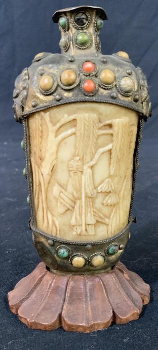 Antique Bone Brass Bead Vessel: Chinoiserie, marked for China, possibly antique, metal casing with in set beads and medallions of carved bone w Asian figurals, Asian arts and crafts, Chinese decorative arts ht app 5 inches, arts and