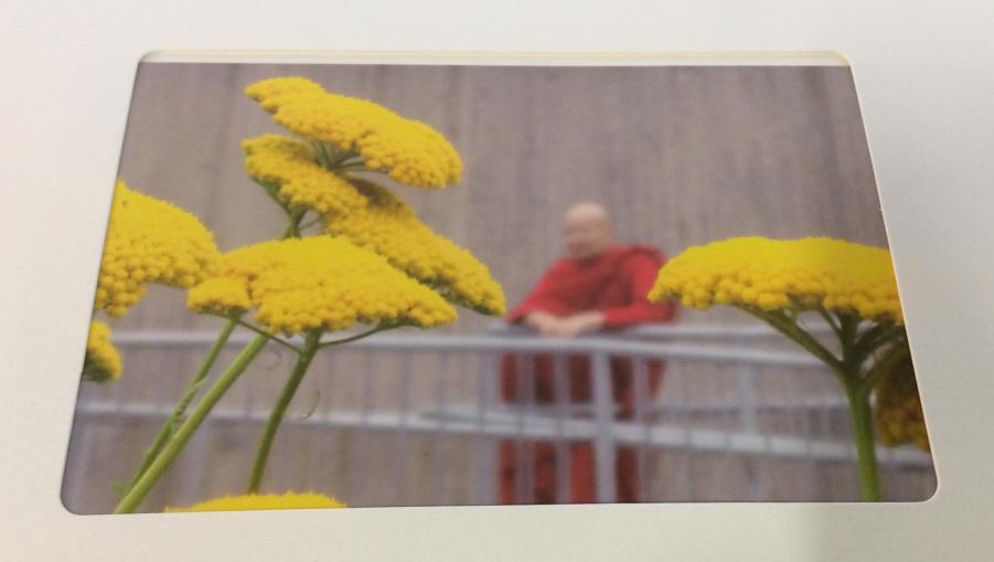 Original Photography Note Cards, Stationary: Lot 4 Photographer & Artist Elizabeth Murray original Photographs. Motif of Sunset over a Water, Buddhist Monk, Food, Coastal Rocks. Cards are 6 1/4 x 5 in. Includes envelope. Blank Inside. Thick stoc