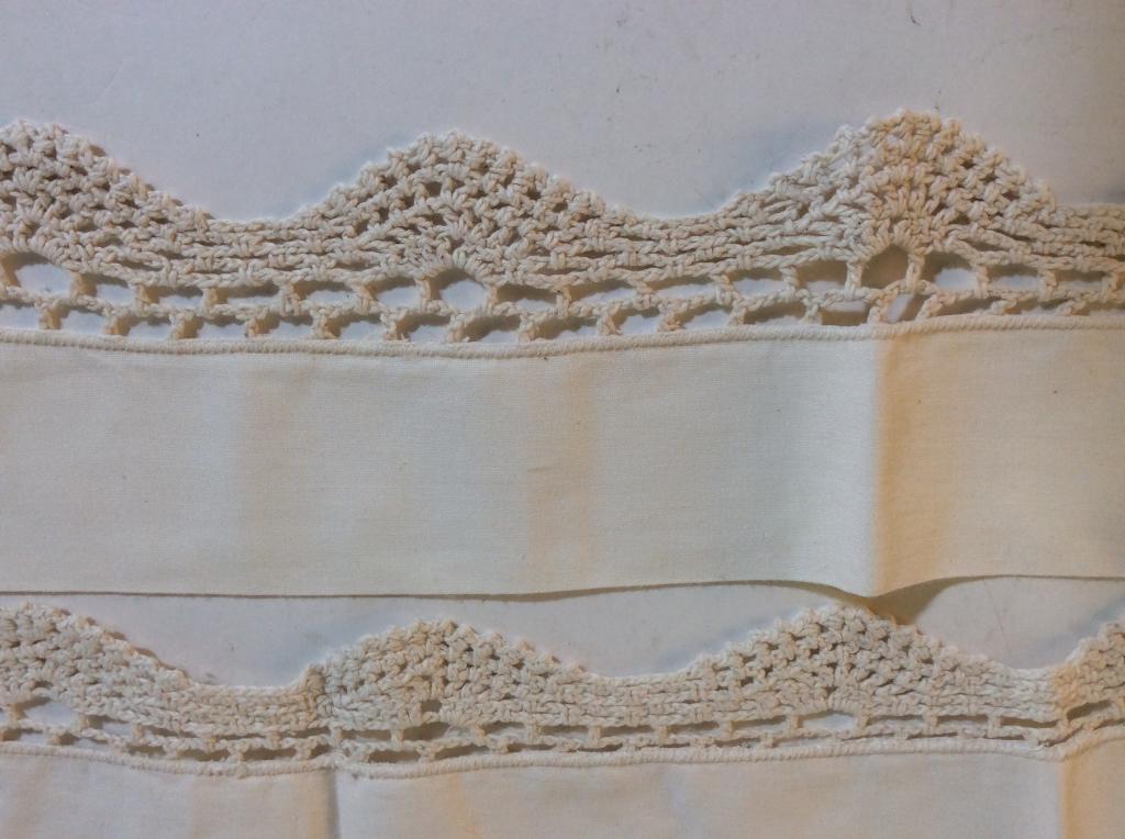 Set 4 Vintage Linen & Hand Crochet Curtains: Ecru color cotto linen fabric, solid color. Rounded edges that are hand crochet and attached to fabric. Rod slips through hole opening. Can hang variety of ways, at your creativity. Appear to be for l