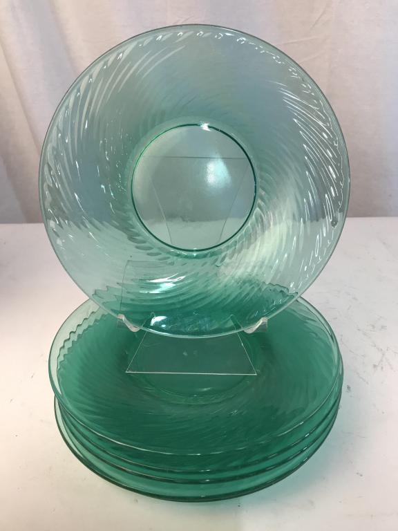 Set 6 Green Swirl Glass Plates: Each measures approximately 7.5 inches diameter. Vintage wear. Brand unknown. Plates, green plates, glass plates, see through plates, green glass, glass, plates, dining ware, dishes, tabletop, kitchen