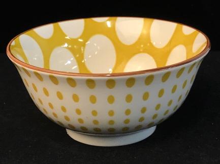 Lot 2 Creative co-op Ceramic Bowls: Lot 2 bowls. Dotted bowl is Stoneware and 5” round. Green and white bowl is 4-3/4”L and ceramic. Bowls, ceramic, diningware, dishes, dishware, tabletop, kitchen, dining, pottery, glass, bowl 5