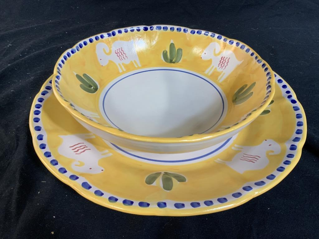 Italian Ceramic Serving Bowl and Platter: Signed Soumene marked underside, Italian tableware, pottery, ceramic, hand painted, made in Italy, platter diameter app 13.5 inches, Vietri Ceramics