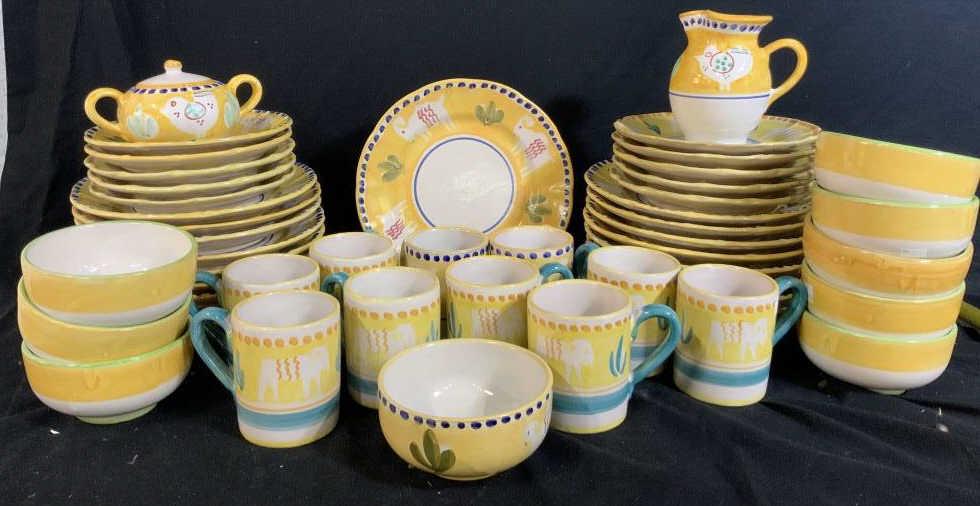 Set Italian Ceramic Place Settings, Vietri: Set of tableware, dishes, place settings, Vietri, Positano, Italy, tableware, set includes 19 dinner plates, several w rim chips, each measures 10 inches, smaller plate set of 10 each measures app 8 i