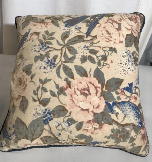Down Filled Peach Floral Throw Pillow, c. 1950s: Vintage pillow cover with down and feather pillow form. Label on pillow reads 85% White Duck Feather, 15% White Down. Cover is removable, with seam zipper. Fabric is 100% Cotton. Peach background with