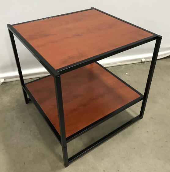 Black Metal And Wood Toned Side Table: Contemporary Black Metal And Wood Toned Side Table with two tiers, no condition issues noted, meadows approximately 20 inches square x 20 inches tall. Side Table, Rand Table, Drinks Table, Small Table