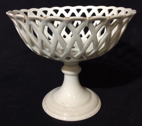 Antique Porcelain Old Paris Tazza Circa 1860s: 19th Century lattice Pattern Tazza Circa 1860s. Gold colored paint has antique wear around the rim. Approximately 7 inches tall and 8.5 inches diameter. Porcelain, ceramic, pottery, Tazza, latticino, 