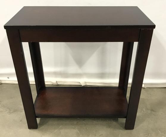 Dark Wood Toned End Table: Dark Wood Toned End Table, measures approximately 24 inches long x 12 inches deep x 24 inches tall. Some nicks to edges and surface scratches. Side Table, End Table, Drinks Table. 2