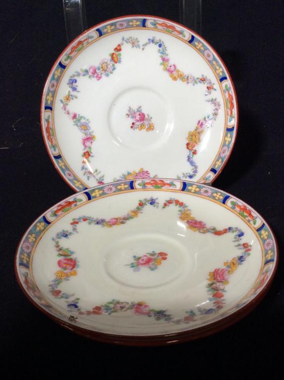 Lot 4 Antique English MINTONS Plates circa 1860s: Lot includes 3 approximately 5.5 diameter plates and 1 approximately 10 inch diameter plate. Plates are circa 1960s. Paint is chipped around the rim. Design features flowers and geometric designs. Tab