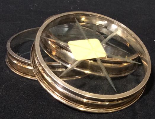 Set 3 vintage STERLING Coasters c.1940s: Sterling silver ring coaster. Coaster is dated 1940s.each Coaster measures approximately 3 inches in diameter. Glass has a star etched into the glass. Coasters, vintage coaster, glass coasters, glass,