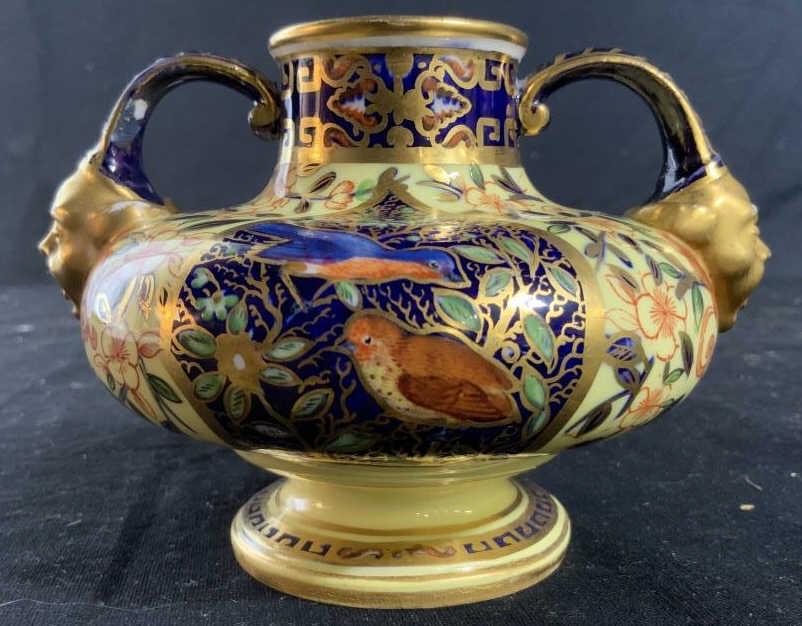 Signed Trademarked Porcelain Vessel: Vintage possibly antique brightly hand decorated with birds and floral and gold on yellow ground, measures ht app 4.5 inches, diameter app 5.5 inches tableware, tabletop decor, ornate vessel, shelf pi