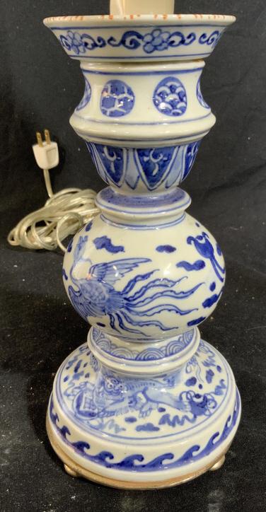 Blue White Asian Ceramic Lamp: Blue and white porcelain, ceramic, pottery, lamp chinoiserie, measures to brass bird finial ht app 25 inches, comes w white silk shade home accessory, home lighting and accessories asian arts and craf