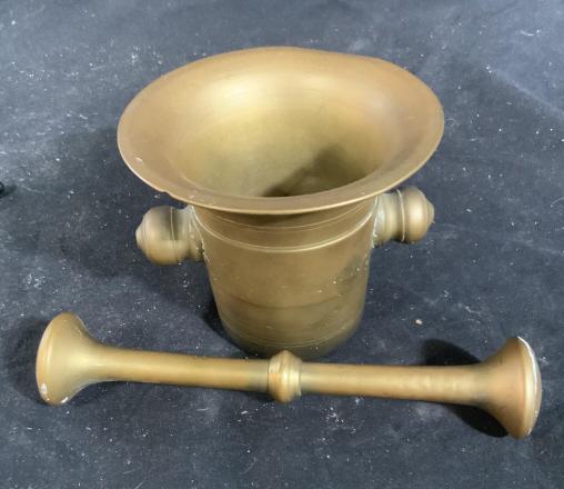 Stamped Numbered Vintage Metal Mortar Pestle: Kitchen tool, vintage mortar and Pestle, apothecary accessory, numbered underside and marked, vessel measures ht app 5 inches, length of pestle app 6.5 inches