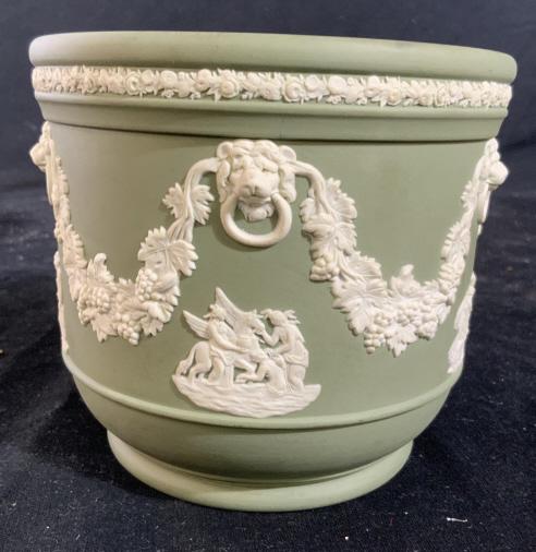 Green Toned Wedgwood Jasperware Cache Pot: Vessel, vase, decorative accessory, English porcelain tableware, measures app ht 4.5 inches diameter app 5 inches jaserware,