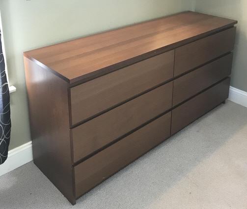 Modern 6 Drawer Dresser Cabinet: Dresser Measures approx 30.4 inches in height by 63.2 inches in width by 19 inches in depth. Veneer Coated wood composite material. Some minor bubbling of veneer coating. Interior home decor, dresser