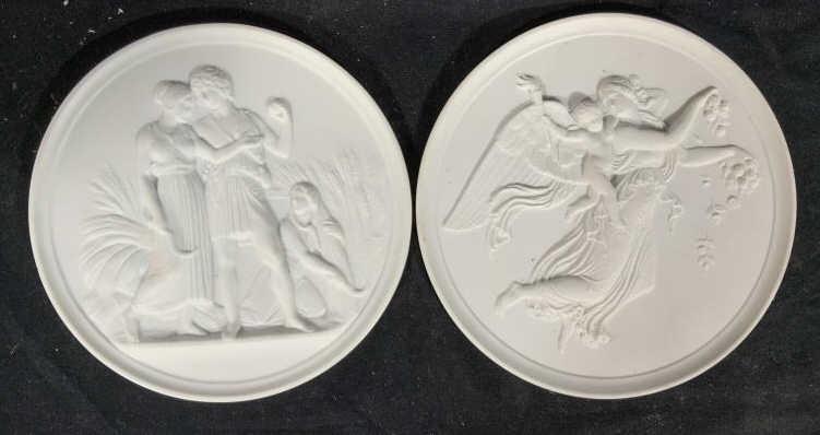 Pair B&G Denmark Relief Plaques: Bisque porcelain plaques with Greco Roman figurals in relief, each measures diameter app 6 inches, danish arts and crafts, marked for Royal Copenhagen home decor, wall hangings, wall plaques, tablewar