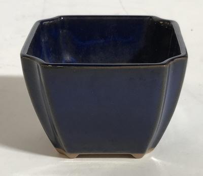 Navy Blue Glazed Ceramic Planter vase: 3 1/4 in opening/ diameter, base 2 in. . Hole for water draining. Square shape, footed. Bright color with no paint scrapes or discoloration, Light scratches from use. Planter, Vase, Vessel, Cache Pot 