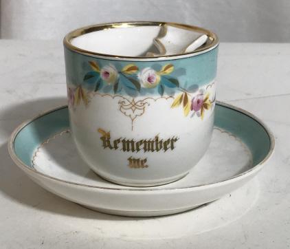 ANTIQUE Porcelain Mustache/Shaving Mug & Plate,: C. 1880. Mark on underside of plate reads CT bottom. Cup and plate have blurred and illegible stamp mark. Cup also reads on bottom in gold lettering ‘ch’ with # 1683 written. Plate is curved up to