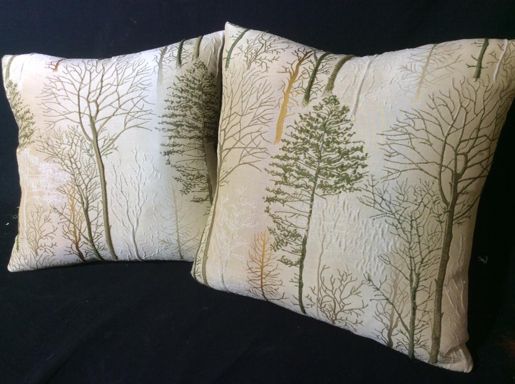 Pair Brocade Feather Down Throw Decor Pillows: Tree Motif Design, Cover has zipper on seam. Pillow form inside is 50% White Down, 50% Feathers. Measures 16 x 16 in. A couple pulls in fabric, Interior Design Pillows, Down And Feather Decor Pillows,