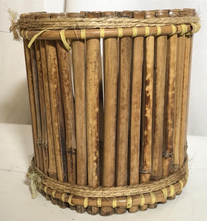 Bamboo & Rope Handmade Stick Basket, Vintage: Woven basket held together with metal wire through bamboo sticks. Flat wood board at bottom. 10 in. Height, 10.5 in. Diameter. Great for storage, or waste basket, or planter cover. Bamboo Basket, Wove
