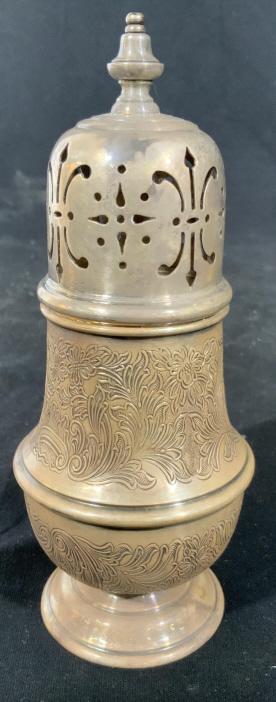 Barker Silver Co Sugar Shaker, Silver Plate: Etched footed Sugar shaker, vintage tableware, tabletop accessory, shaker, marked for Barker Silver Company, ht app 6.5 inches