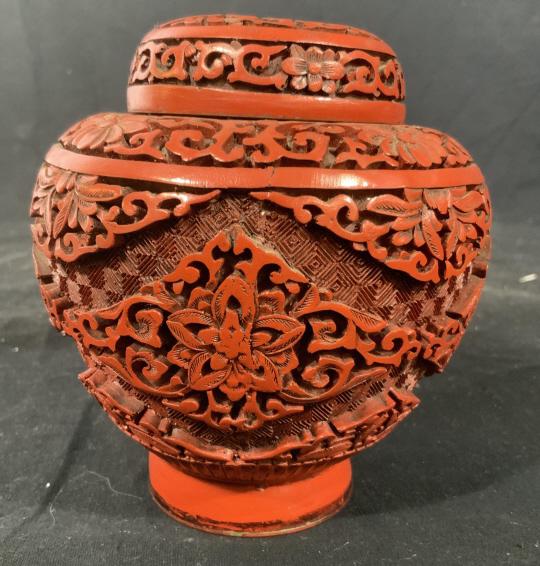 Red Cinnebar Lidded Ginger Jar: Chinoiserie, Asian arts and crafts, Asian decorative arts, ginger jar, vessel richly detailed Cinnebar vessel, measures ht app 6 inches, diameter app 6 inches