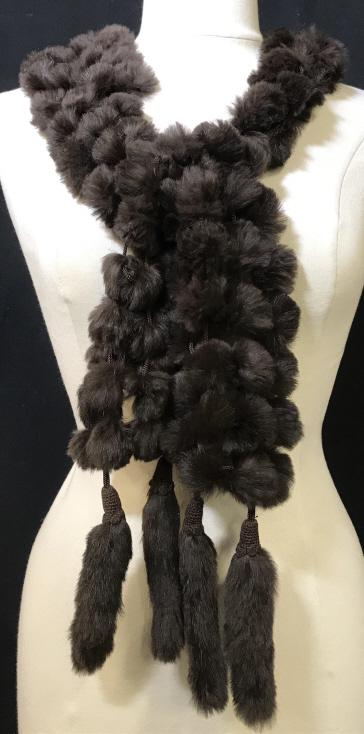Luxury Vintage Rabbit Fur Pom Pom Scarf: Luxury vintage Pom Pom scarf with tassels. Dark tone ash brown rabbit fur. Measures approx 72 inches in length. Some breaks in threading, might need minor repair. Vintage fashion accessory, fur scarf,