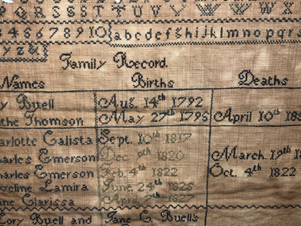 Signed Antique Family Record Sampler, c. 1800s: Sampler features embroidered alphabet and numbers along top, with Family Record along bottom half. Family record has grid for Names, Births, and Deaths. Some examples include Lory Buell, born Aug. 14t