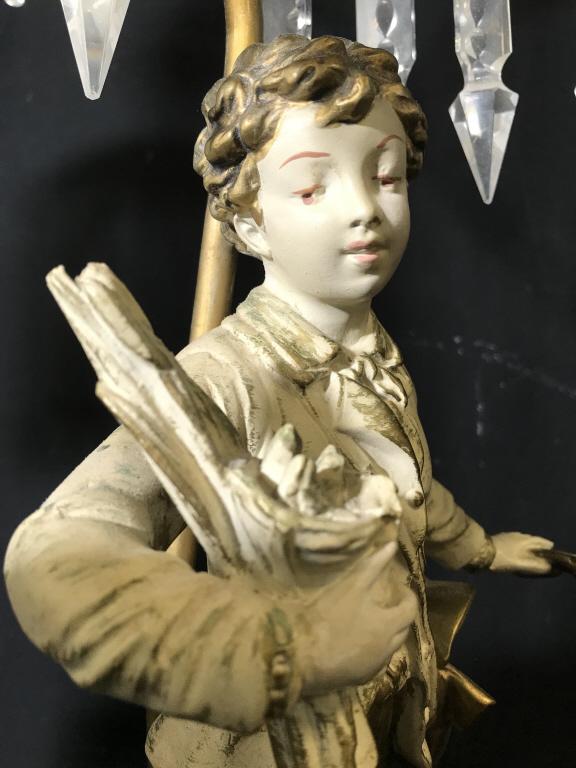 Pair of Emile BRUCHON Style figural lamps: Pair of Emile BRUCHON Style figural lamps with overhead metal shade with dangling crystal prisms. Lamps depict girl and boy, both barefoot carrying books and crops. Signature BRUCHON in each sculpture