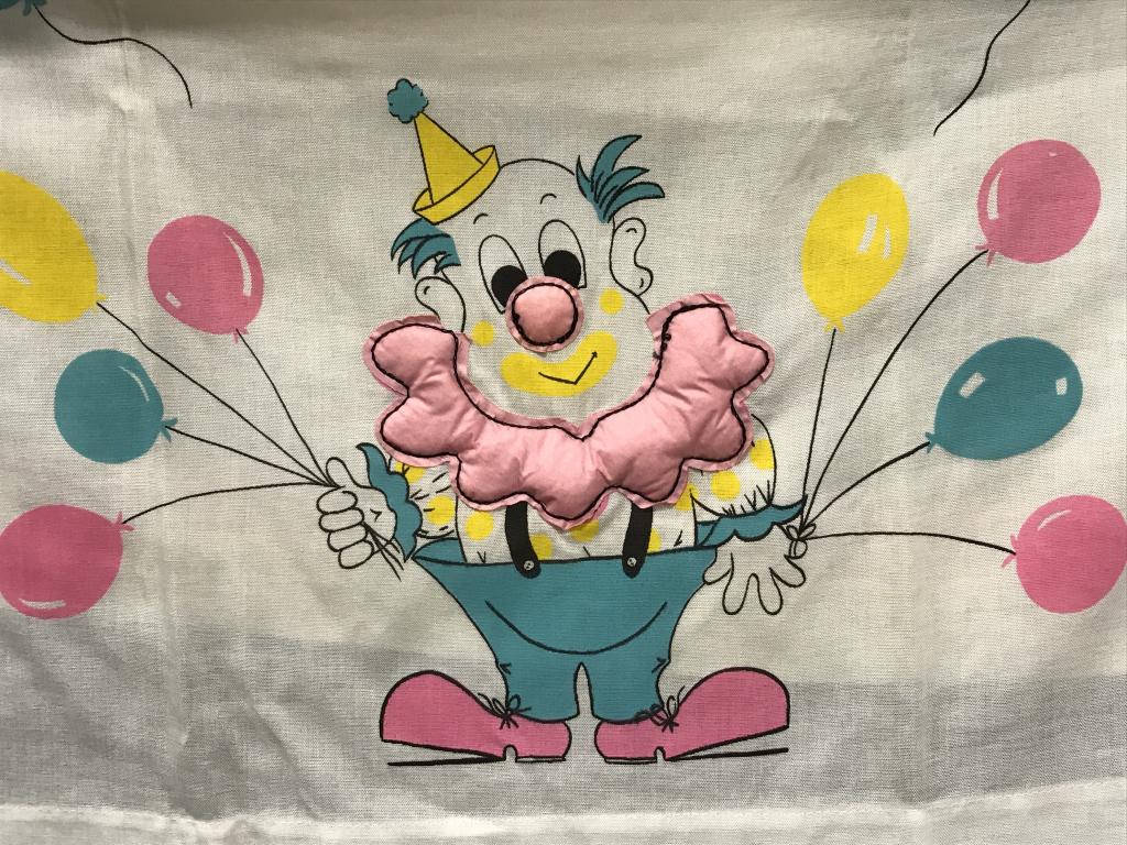 Lot 4 Vintage Party Clown Linen Curtains, Pink: Curtains with fun motif of party clown holding balloons. Color of clown and balloons still striking and vibrant. Clown collar & nose stuffed with poly fill. Each piece of fabric measures approx 30 1/4