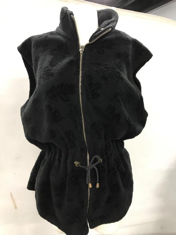 TSUNAMI SPORT Fleece Vest: Fashion Plush Vest, Zippered Front with cinch cords at waist. Size L. Side pockets. Monotone Oak Leaf Design. Cat Pin Included. Lining has pilling. Designer Fashion Vest, Plush Fabric, Fleece, Black, 