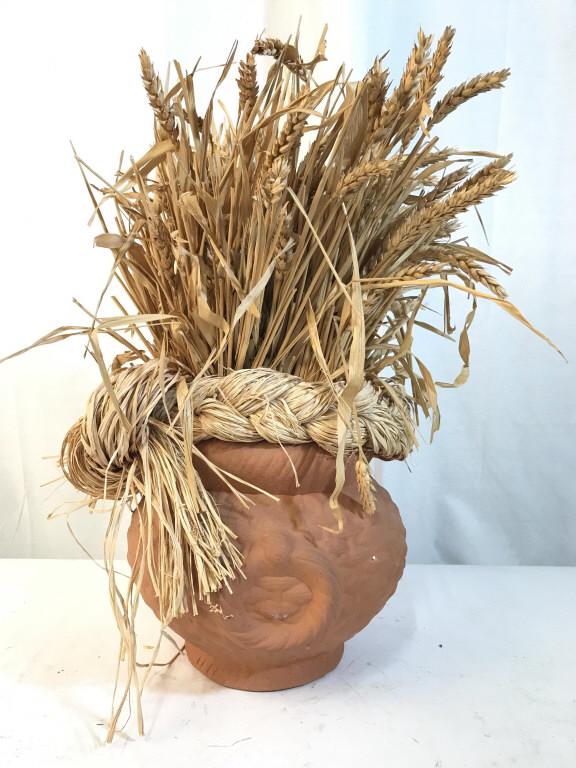 Ceramic Vessel With Dried Wheat & Rope: Ceramic Vessel With Dried Wheat & Rope Arrangement, measures approximately 19 inches tall x 10 inches in diameter, no condition issues noted. Ceramic Pot, Earthenware Pot, Ceramic Vessel, Rustic Home 